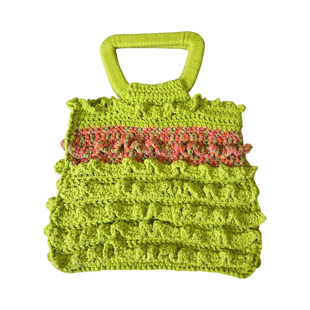 Handmade Crochet Ruffle Handbag Lime Green Pink Orange Boho Tote Bag Y2K style